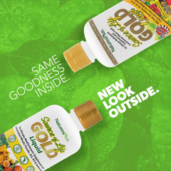 NaturesPlus Source of Life GOLD liquid pour showing simple serving and mixing.