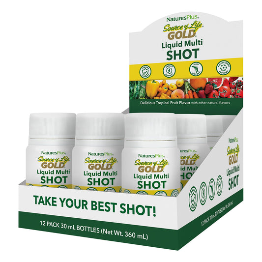 NaturesPlus Source of Life GOLD liquid shot bottle with tropical flavor for daily nutrition.