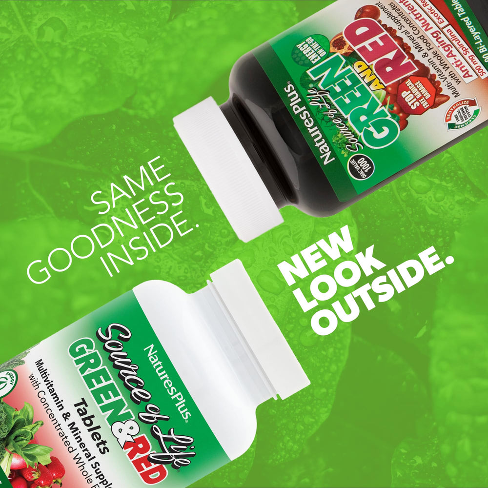 Close-up of Source of Life tablets highlighting green and red blends for energy