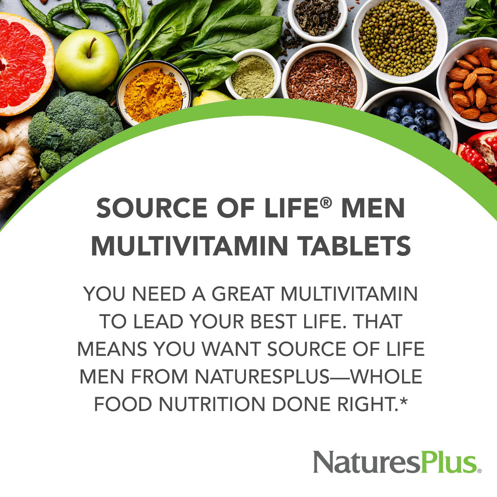 NaturesPlus Source of Life Men packaging box emphasizes gluten-free, vegetarian suitability.