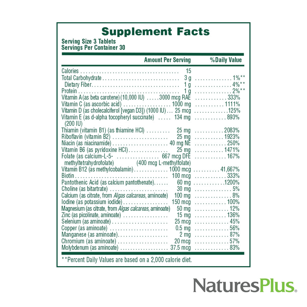 NaturesPlus Source of Life No Iron ingredients featuring vitamin D3 and ginseng