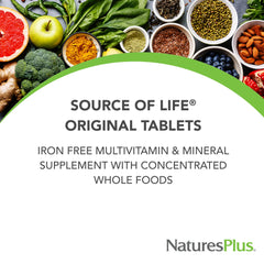 NaturesPlus Source of Life No Iron tablets stack highlighting gluten-free multivitamin blend.