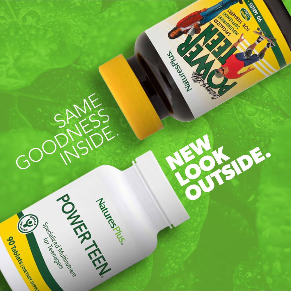 NaturesPlus Power Teen bottle front highlights gluten-free vegetarian formula.