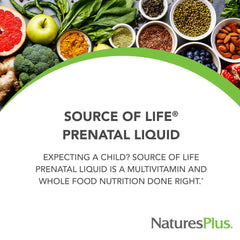 NaturesPlus Source of Life prenatal liquid ingredient panel emphasizes whole foods.