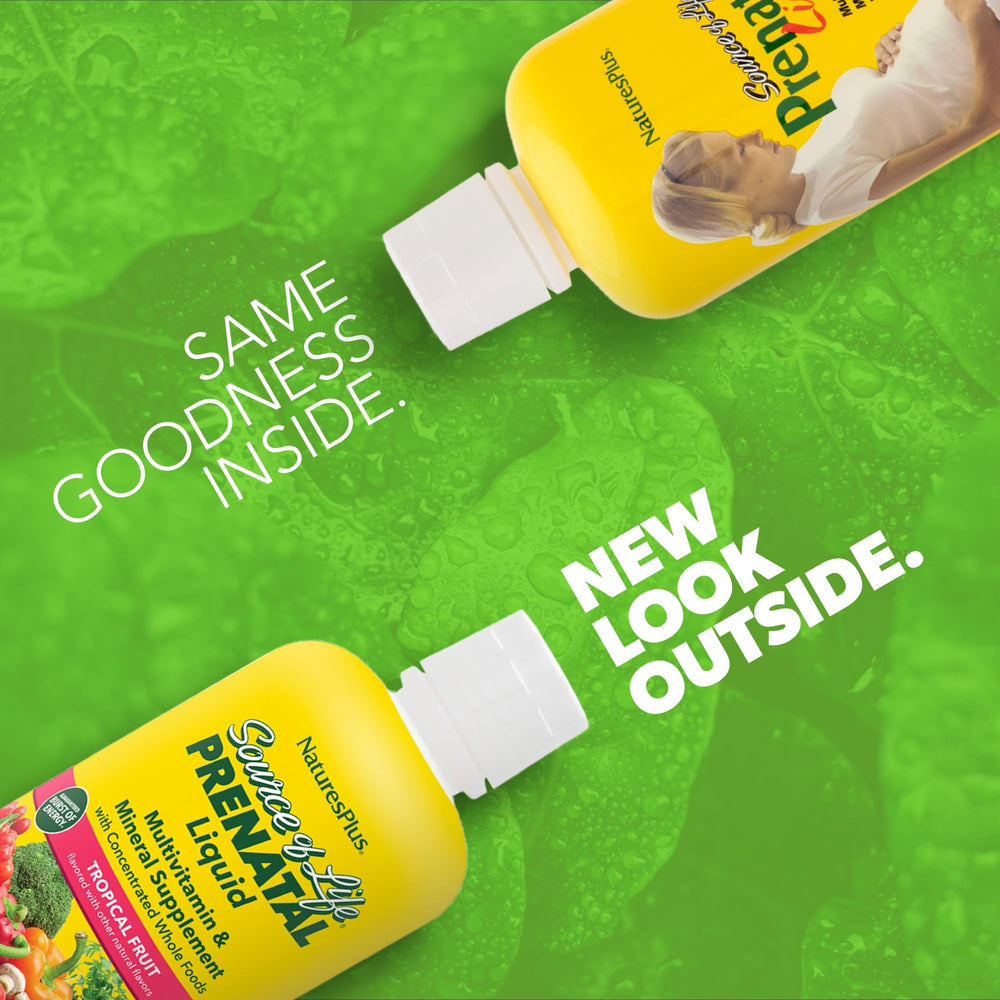 NaturesPlus Prenatal Liquid measuring spoon highlights easy daily dosage.