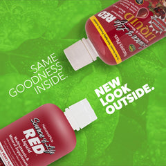 NaturesPlus Source of Life RED liquid being poured for daily use.