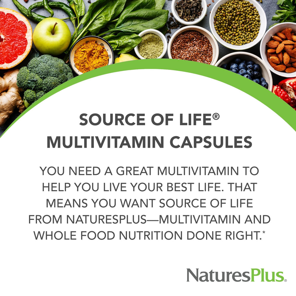 NaturesPlus Source of Life tablets close-up highlighting vegetarian capsules.