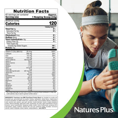 Nature's Plus SPIRU-TEIN Banana nutrition panel highlighting vitamins and minerals.