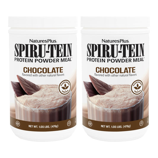 NaturesPlus SPIRU-TEIN chocolate packaging shows a plant-based protein option for daily fueling