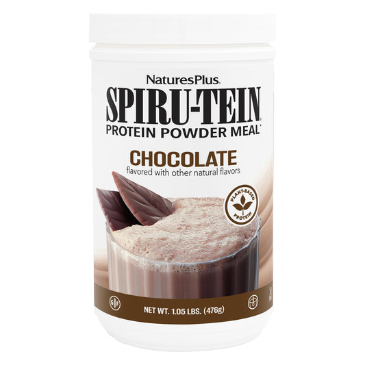NaturesPlus SPIRU-TEIN chocolate powder tub for plant-based protein at any meal