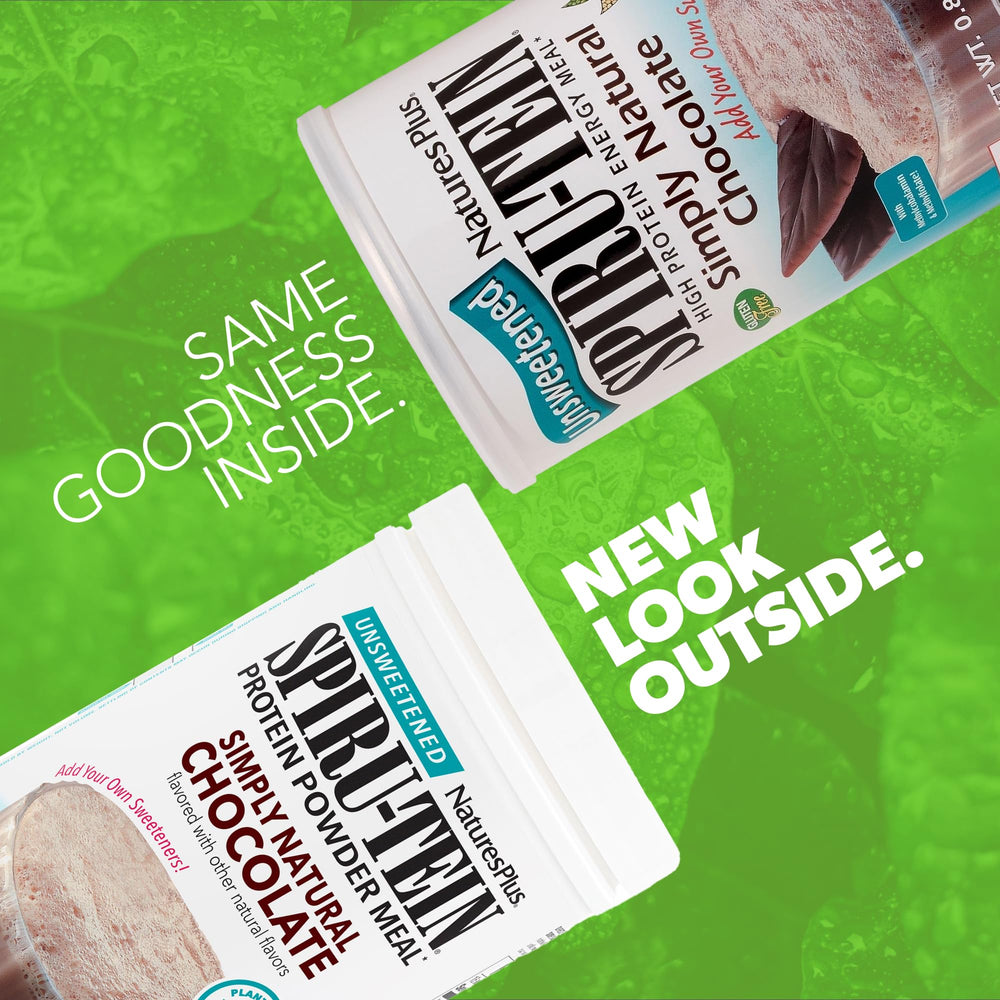 NaturesPlus SPIRU-TEIN Original Chocolate canister for convenient plant-based protein.