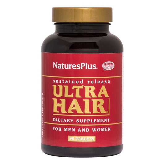 NaturesPlus Ultra Hair bottle front highlighting gluten-free formula for hair health