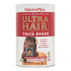 NaturesPlus Ultra Hair Thick Shake bottle with French vanilla nutrition label.