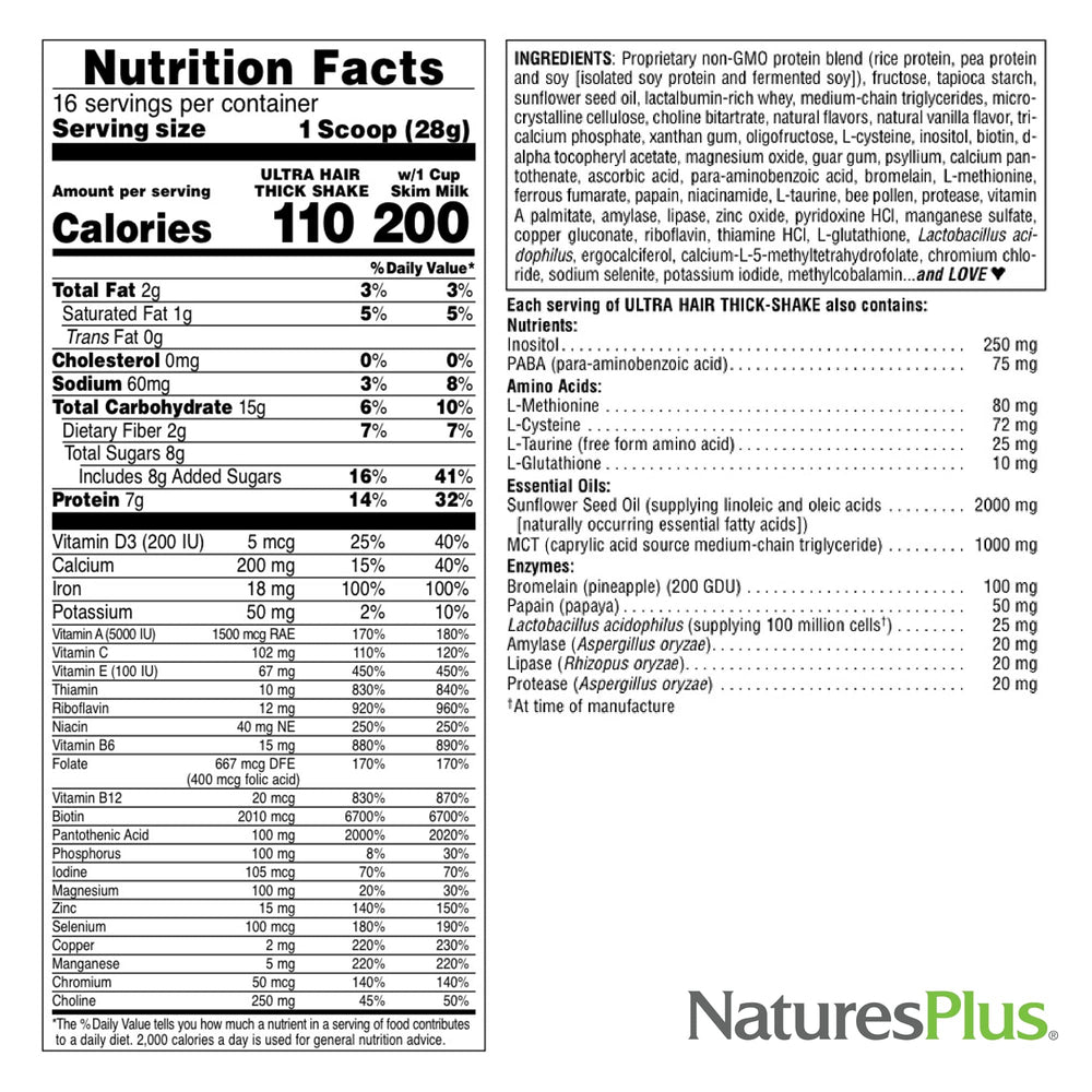 NaturesPlus Ultra Hair Thick Shake poured into a glass to enjoy.