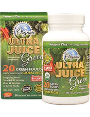 NaturesPlus Ultra Juice Green bottle pack showing organic vegan multinutrient formula for daily wellness.