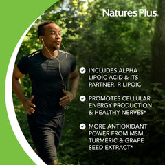 Pouring Ultra Lipoic bottle emphasizes convenient daily serving option.
