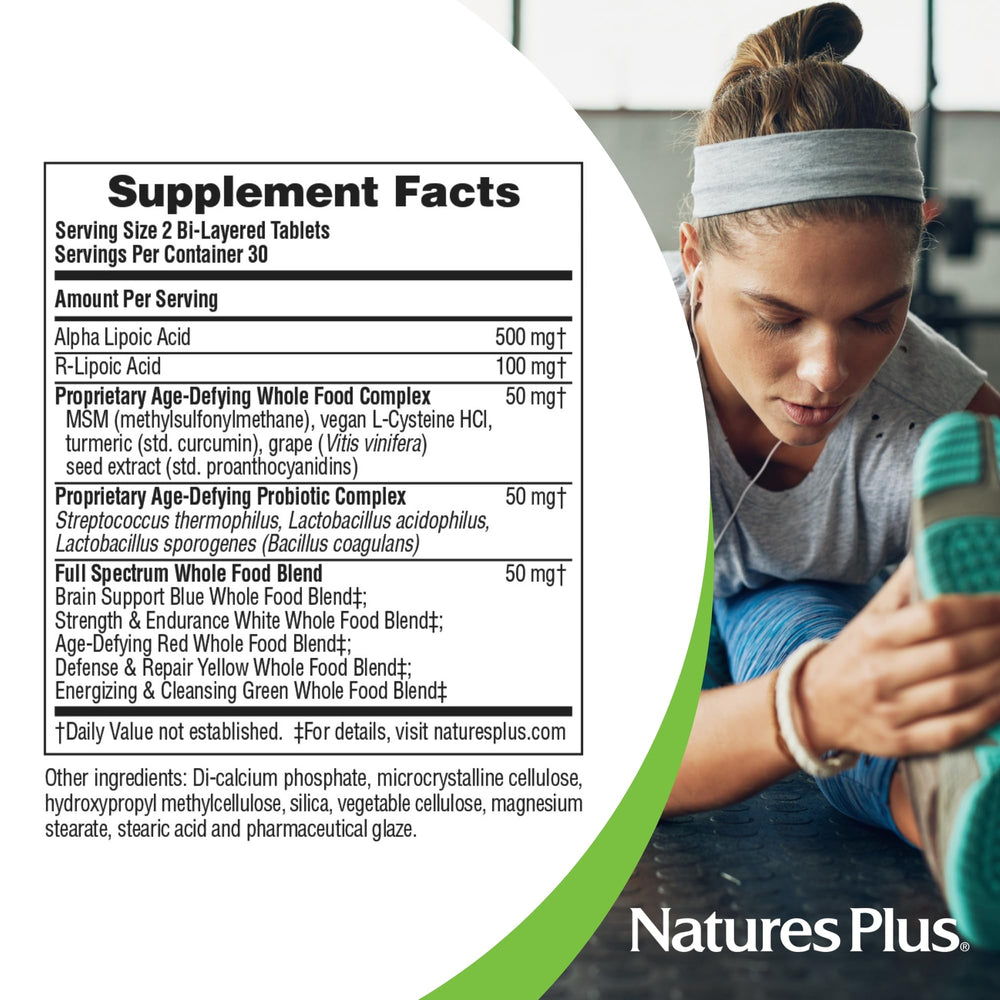 Label detail shows alpha lipoic and co-nutrients for antioxidant-inspired benefits.