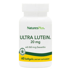 NaturesPlus Ultra Lutein 20 mg bottle supports healthy eye function with antioxidant blends.