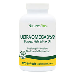 NaturesPlus Ultra Omega 3 6 9 bottle front with softgels for daily fatty acid intake