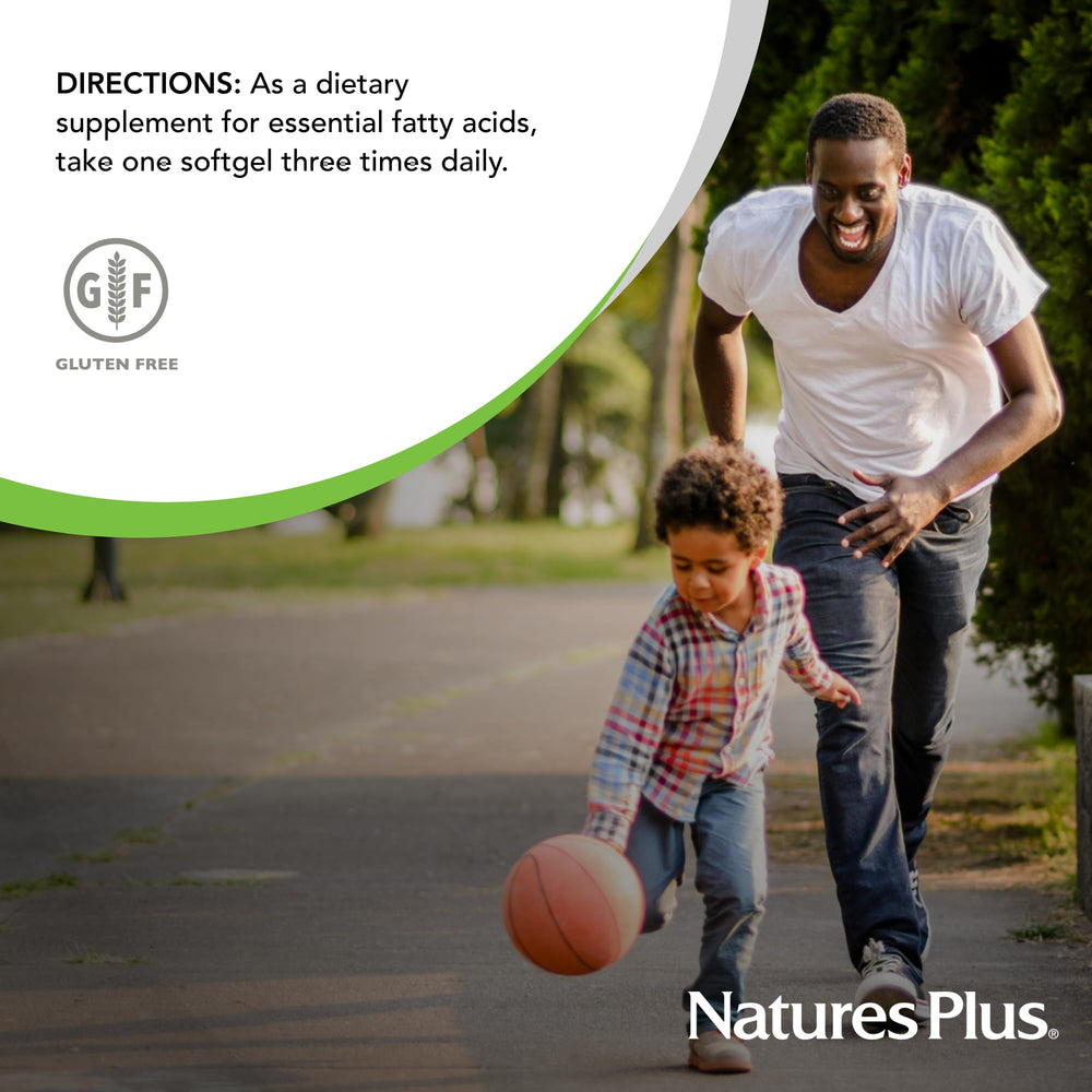 NaturesPlus Ultra Omega 3-6-9 glass shows premium presentation and gluten-free formulation