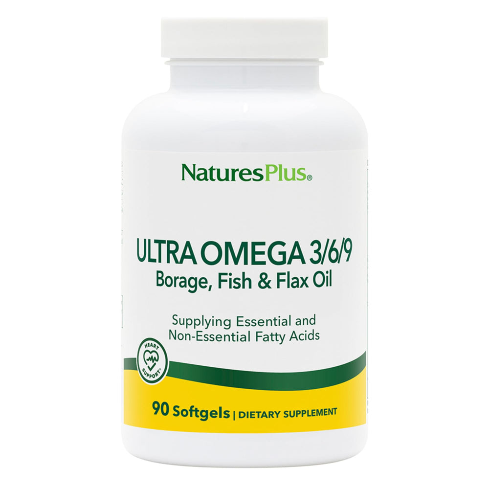 NaturesPlus Ultra Omega 3-6-9 softgels front view supports daily brain and heart nutrition