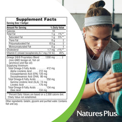 NaturesPlus Ultra Omega 3-6-9 bottle with spoon conveys easy daily servings