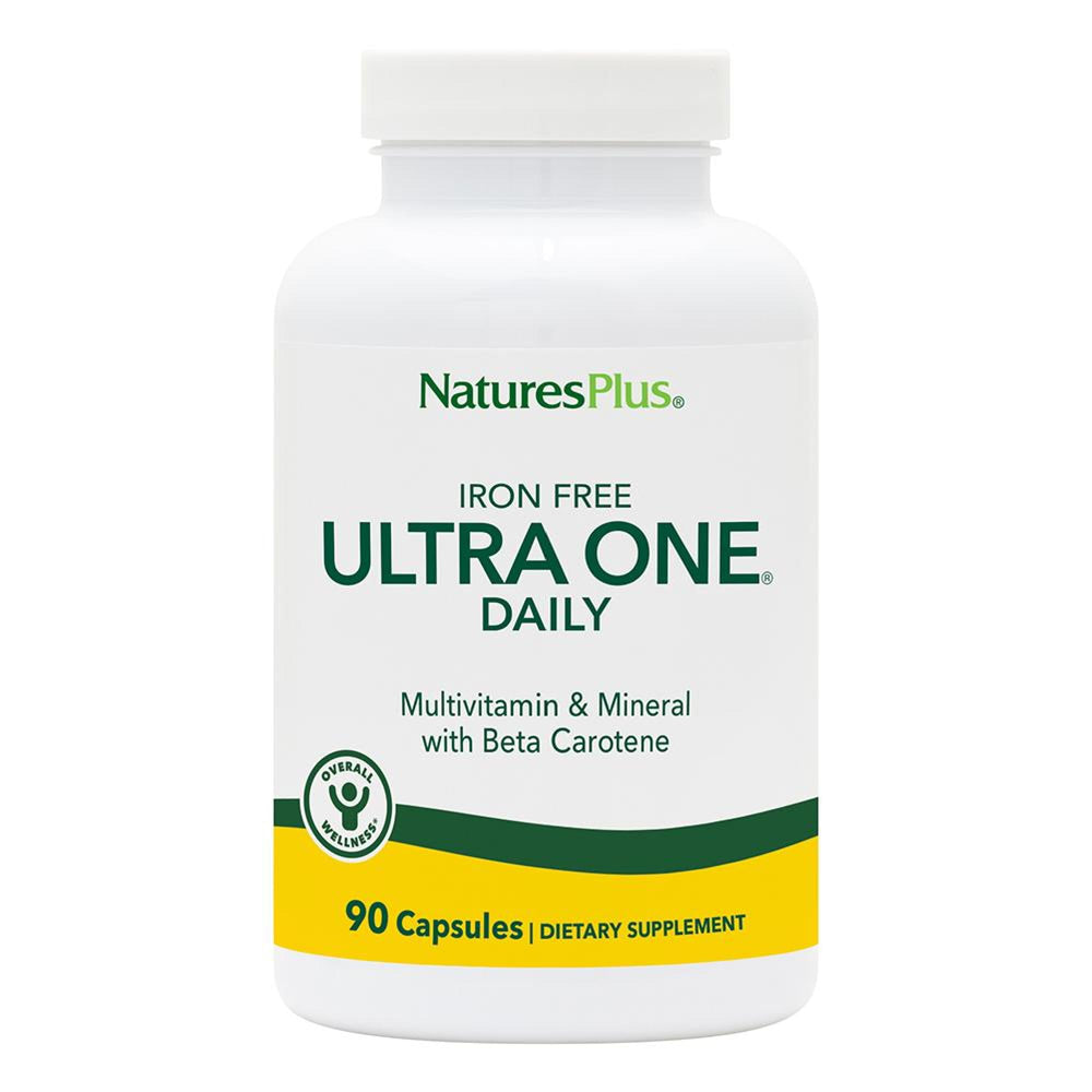 NaturesPlus Ultra One Daily Iron Free bottle front view for convenient daily use.