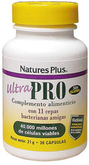 NaturesPlus Ultra Probiotics capsules close-up shows vegan, easy daily use.