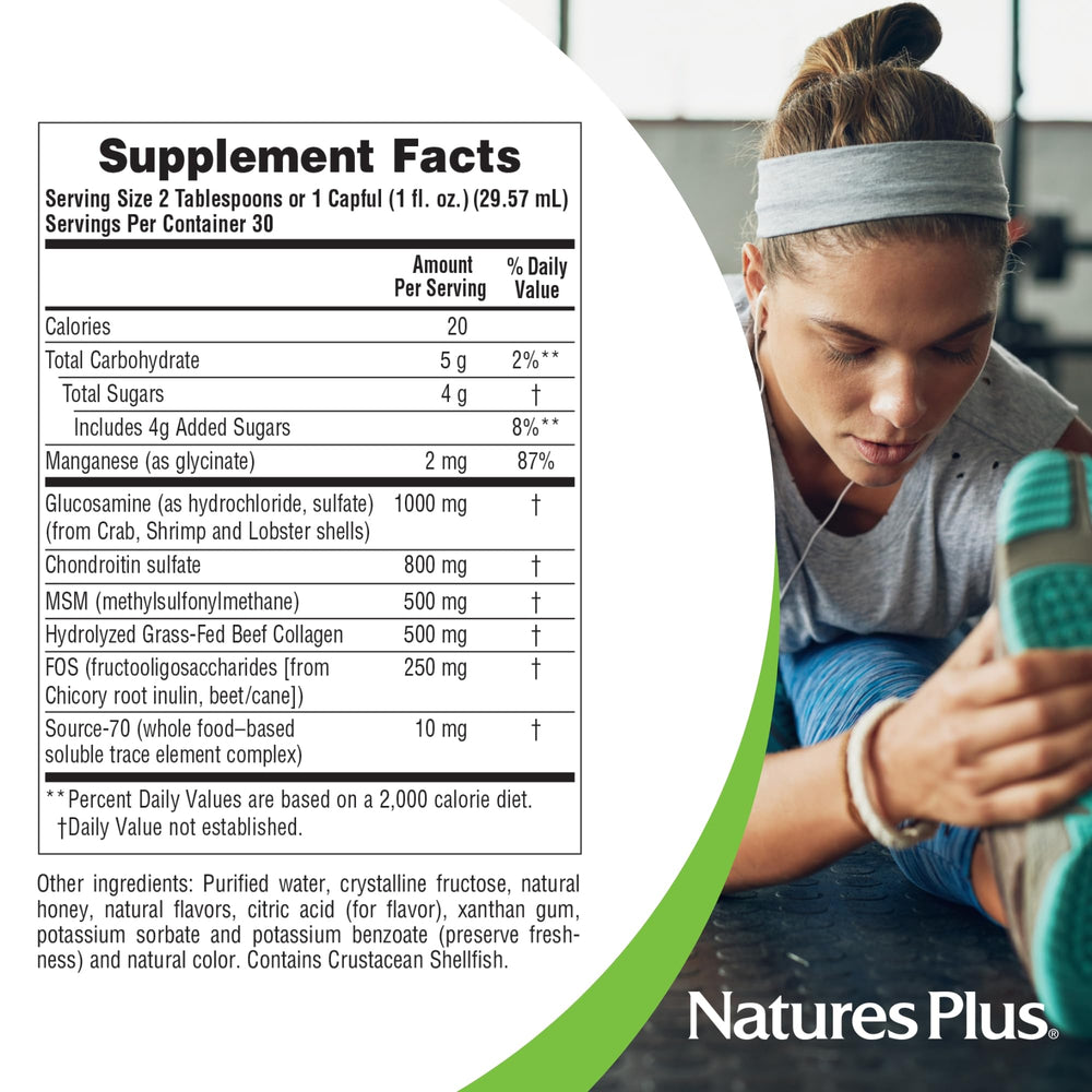 NaturesPlus Ultra Rx-Joint Liquid bottle shows glucosamine, chondroitin and MSM ingredients.