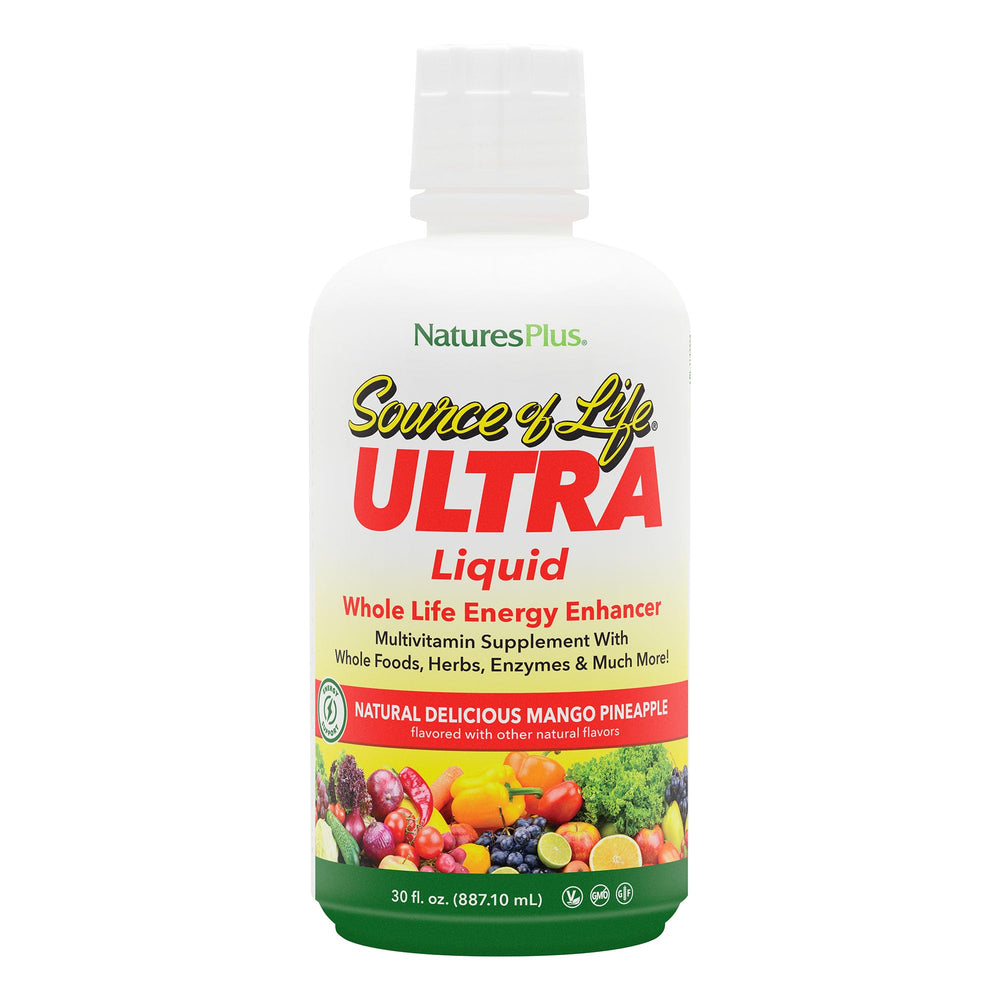 Nature's Plus Ultra Source of Life Liquid bottle front with mango pineapple flavor for daily wellness