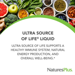 Nature's Plus Ultra Source of Life Liquid ingredients panel highlights whole-food nutrients