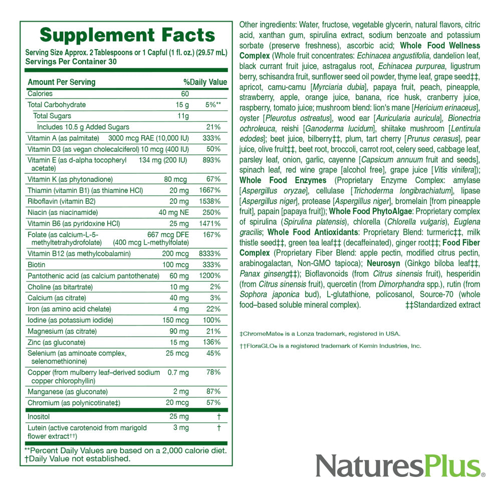 Nature's Plus Ultra Source of Life Liquid serving spoon beside a glass of water for easy daily use