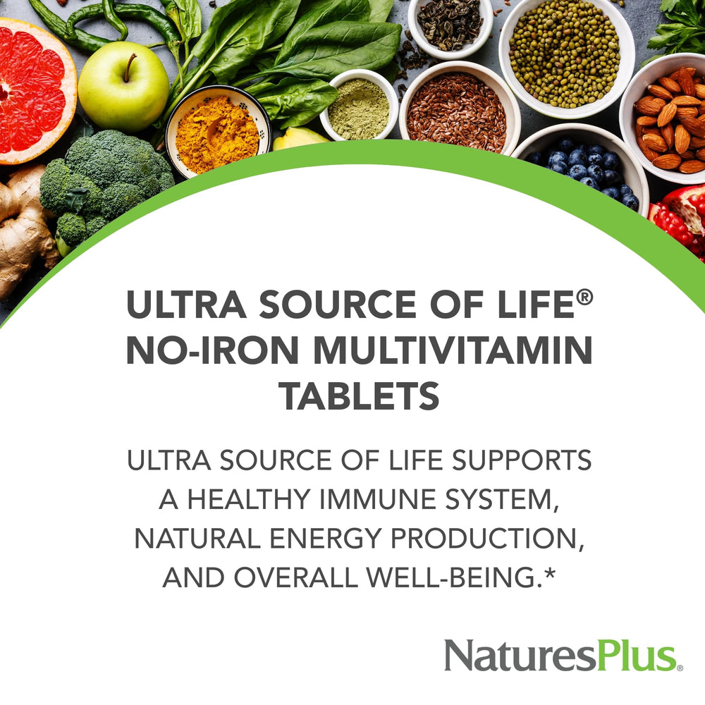 NaturesPlus Ultra Source of Life No-Iron capsules close-up for easy daily intake.