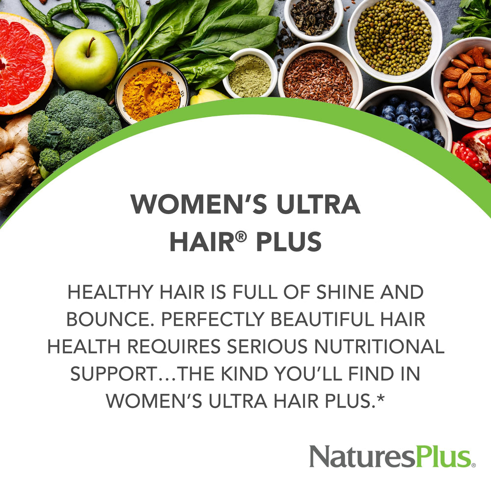 NaturesPlus Women’s Ultra Hair Plus tablets close-up for hair nourishment.