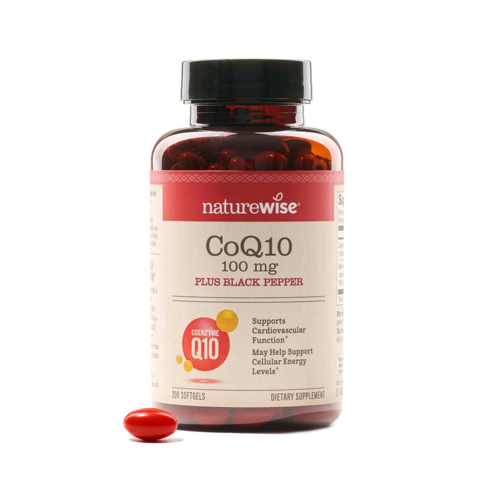 NatureWise CoQ10 bottle front shows a 200 day supply for daily energy support.