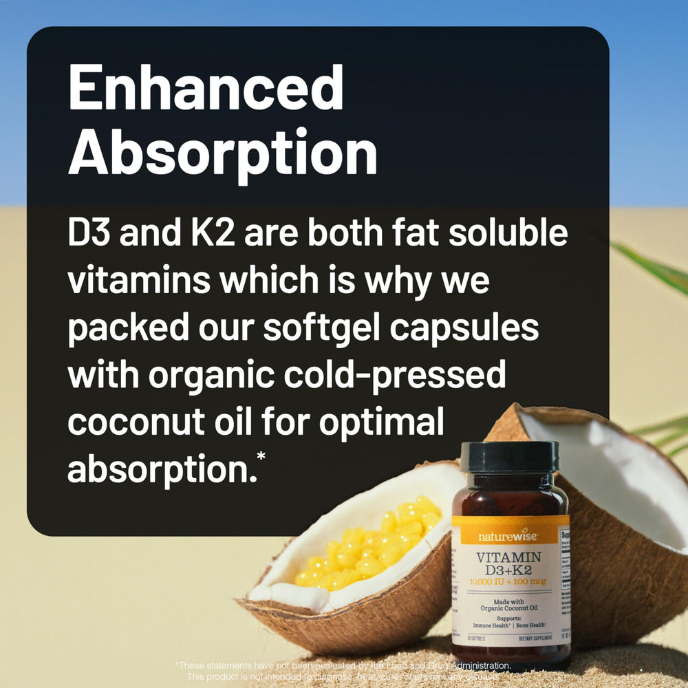 NatureWise D3 + K2 natto-fermented K2 depiction highlights heart-friendly calcium use.