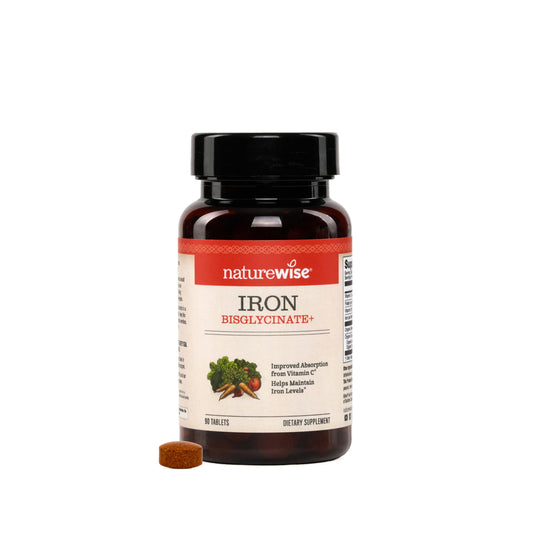 NatureWise Iron Bisglycinate tablets with enteric coating for gentler stomach comfort.
