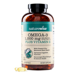 NatureWise lemon omega-3 softgels bottle shows flavor and heart-friendly ingredients.