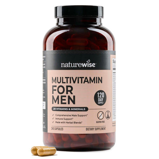 NatureWise Men's Multivitamin bottle with capsules for daily energy support.