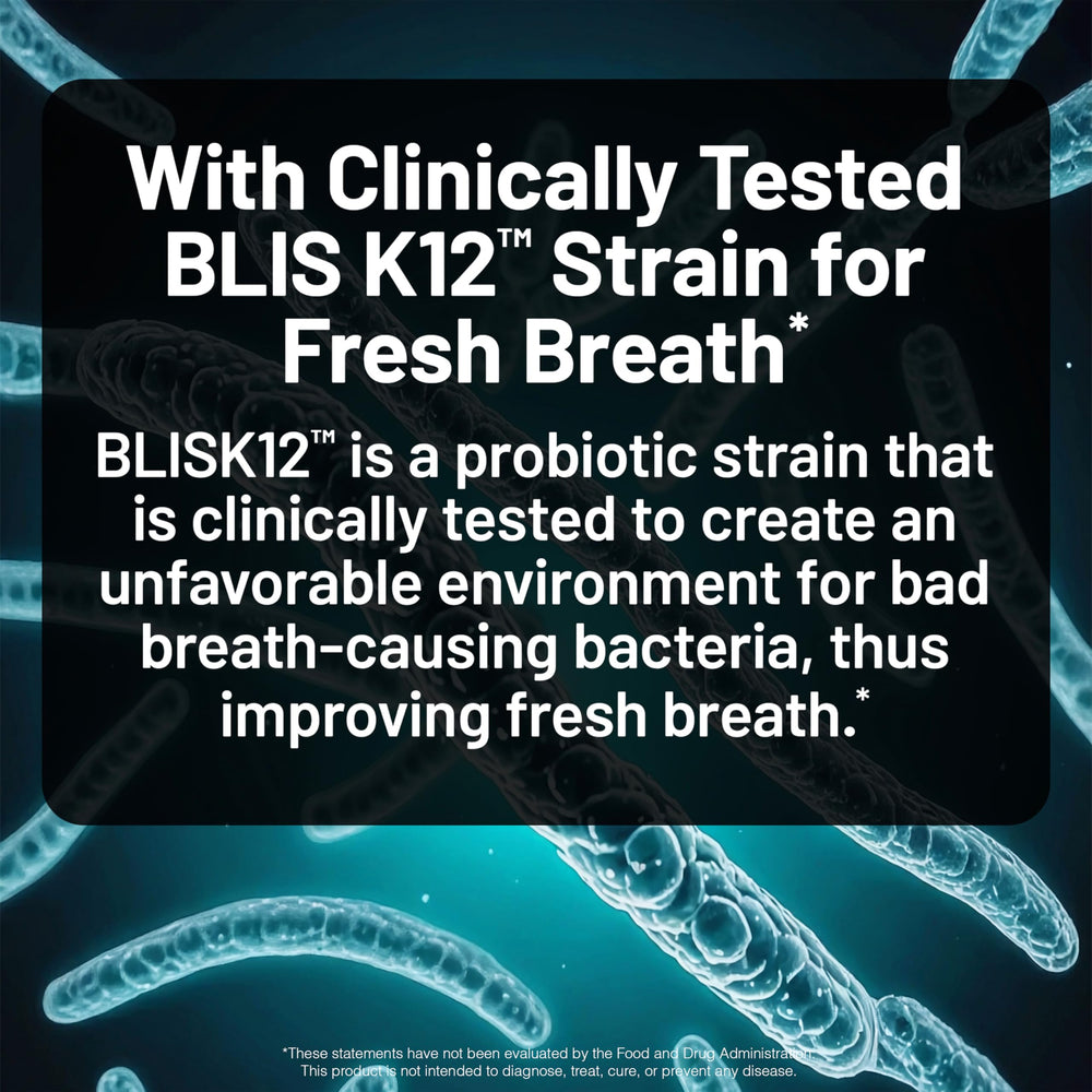 NatureWise BLIS M18 tablet close-up highlighting gum health potential.