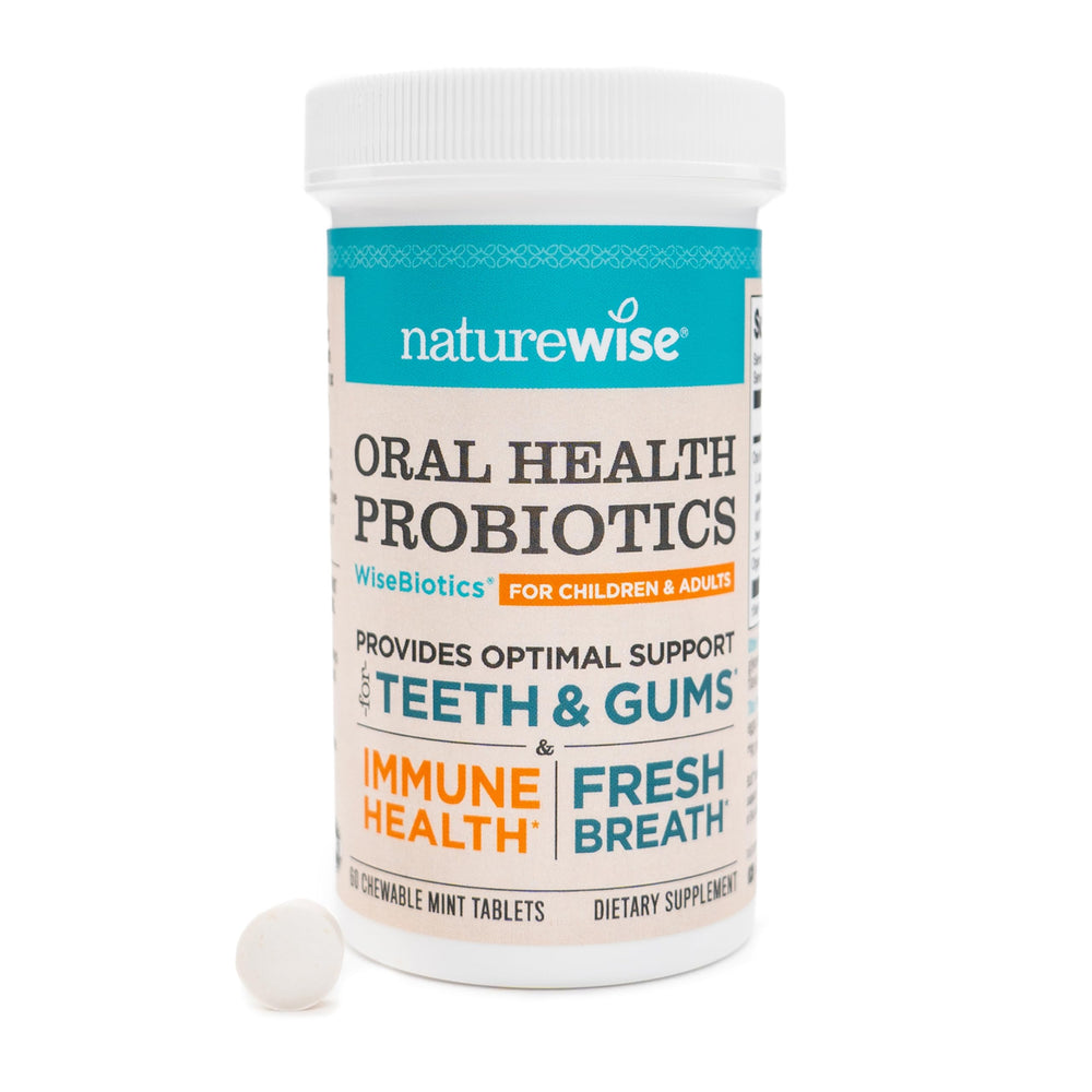 NatureWise Oral Probiotics mint chewable bottle packaging for daily freshness.