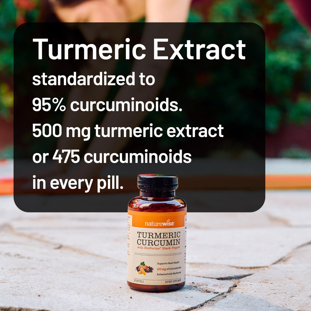 NatureWise turmeric curcumin label closeup showing 95% curcuminoids for potency awareness.