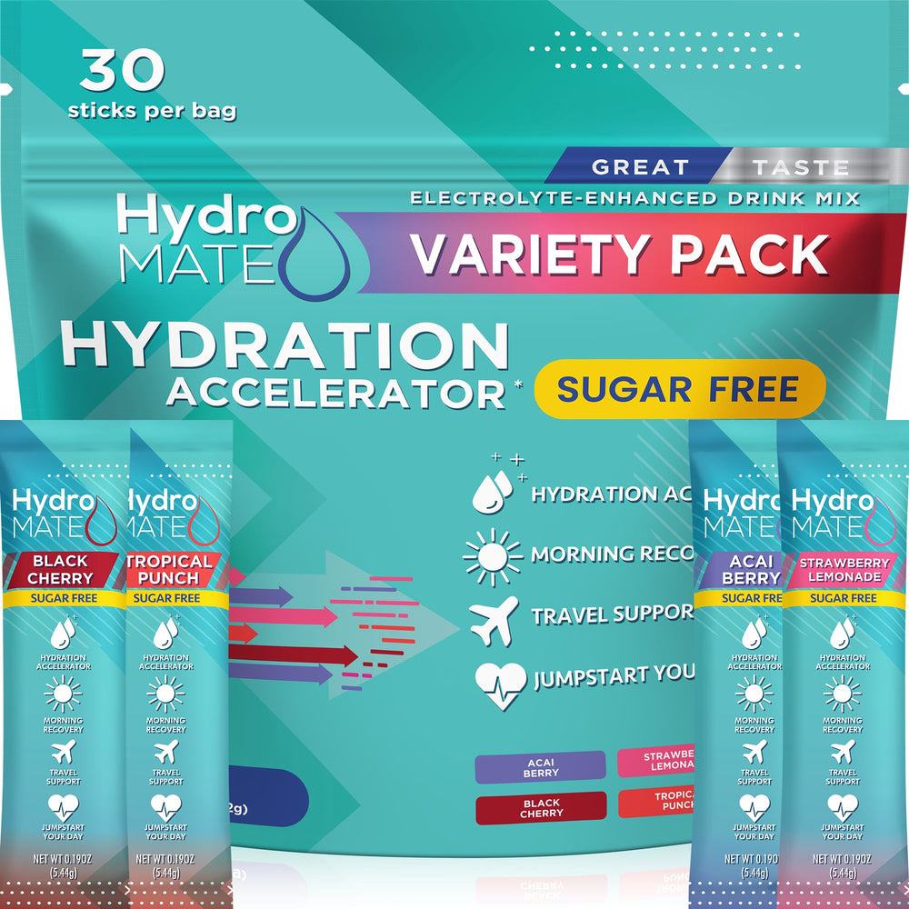 NatureWorks HydroMATE electrolyte powder variety pack on display for convenient hydration.
