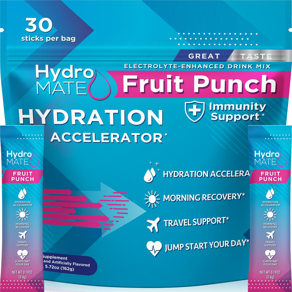 NatureWorks HydroMATE fruit punch packets close-up for quick on-the-go hydration.