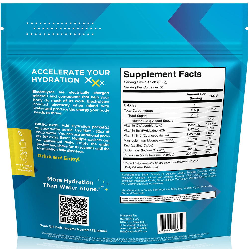 Travel pack of HydroMATE lemon-lime hydration packets for easy airport or gym use.