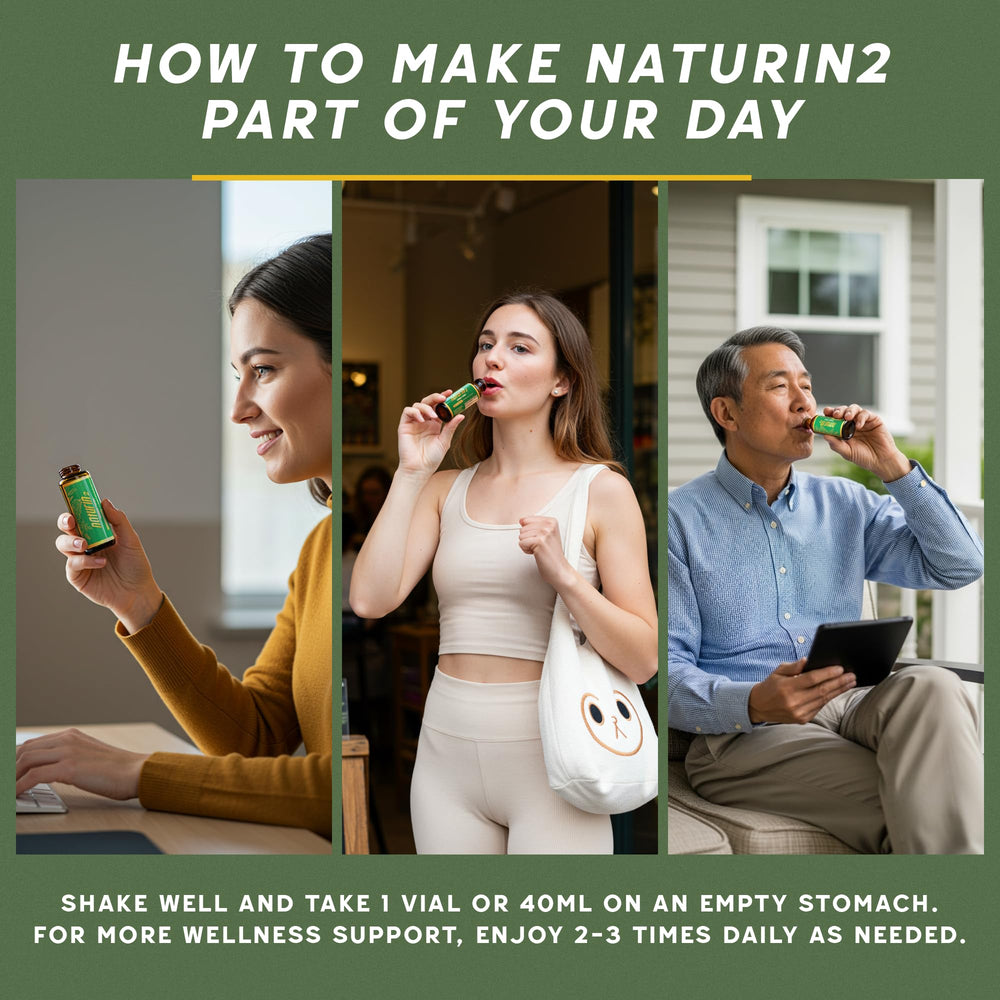 Naturin2 vial close-up showing 8 ml dosage for daily use.