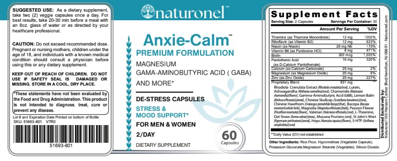 Naturonel Anxie-Calm label detail with dosage and ingredients.
