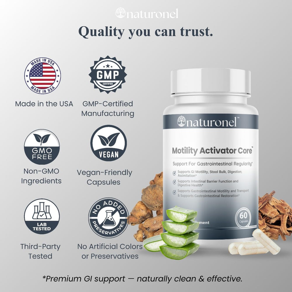 Naturonel Motility Activator Core capsules dispensed for everyday use.