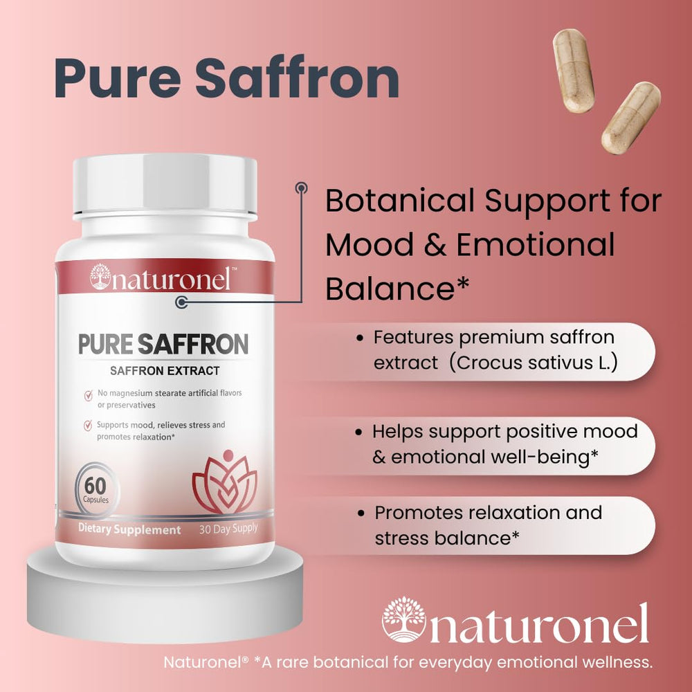 Naturonel saffron capsules side view illustrating two-capsule serving.