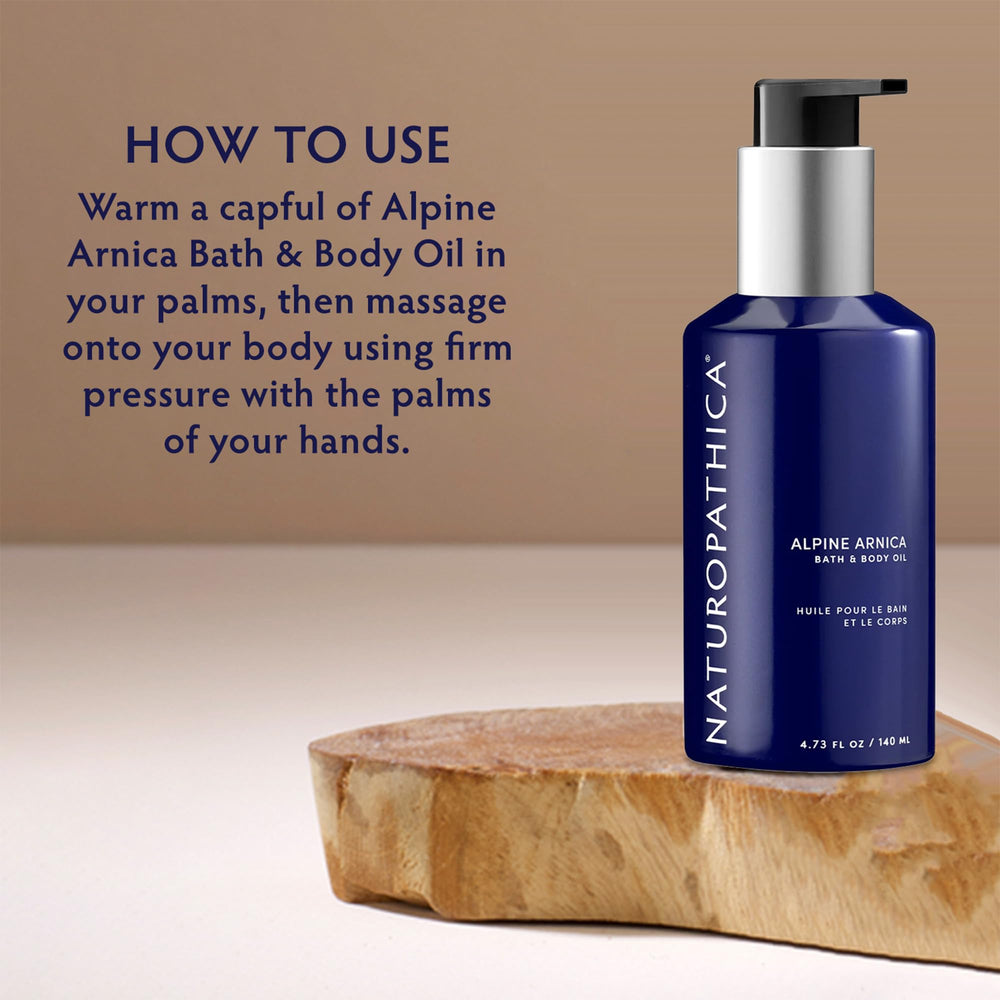 Naturopathica Alpine Arnica Bath & Body Oil highlights Arnica plant ingredient.